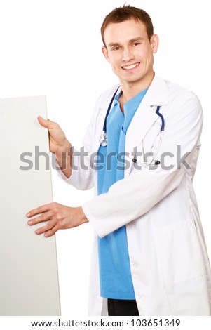 A male doctor with a blank billboard. isolated on white background