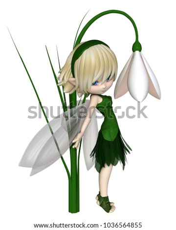 Cute toon blonde snowdrop fairy in a green leafy dress standing by a spring snowdrop flower, digital illustration (3d rendering)