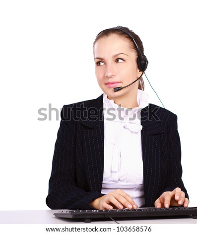 A female customer service sitting at workplace, isolated on white background