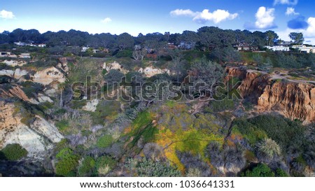 Stunning aerial view of a private park on a cliff in Del Mar heights in beautiful San Diego county California with Torrey Pines