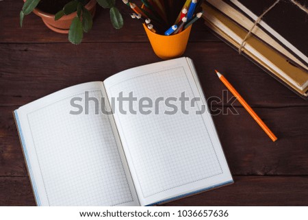 Open Diary, Color Pencils in a Glass, Pile of Books, Room Flower on a Wooden Background.