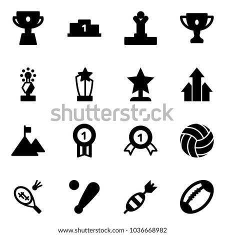 Solid vector icon set - cup vector, pedestal, winner, gold, award, arrows up, mountain, medal, volleyball, badminton, baseball bat, dart, football