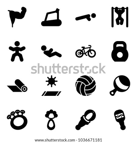 Solid vector icon set - power hand vector, treadmill, push ups, pull, gymnastics, abdominal muscles, bike, weight, mat, volleyball, beanbag