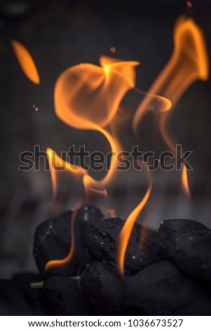 macro closeup of charcoals on grill with flames rising up