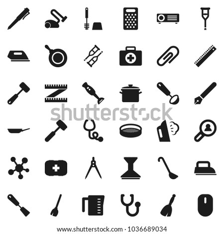 Flat vector icon set - broom vector, car fetlock, steaming, toilet brush, pan, measuring cup, spatula, ladle, meat hammer, grater, blender, sieve, pen, ruler, drawing compass, first aid kit, iron