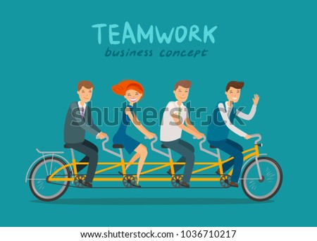 Teamwork, business concept. Business people or students riding tandem bike. Cartoon vector illustration