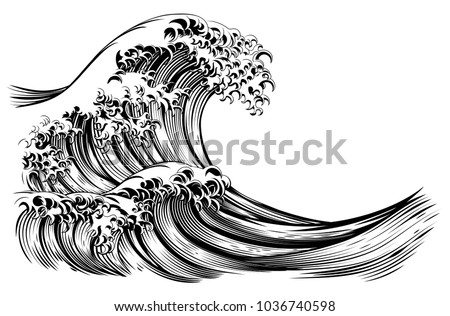 An oriental Japanese great wave in a vintage retro engraved etching style