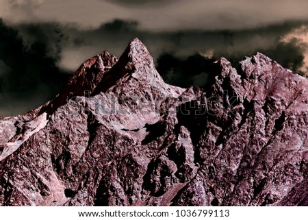 Infrared and solarized photo of beautiful, otherworldly, fantasy world like alp mountains in Swiss alps