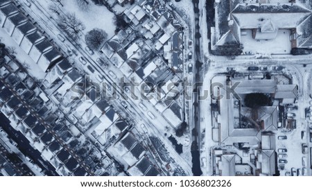 Aerial drone image of South London, England during a snowstorm, March 1, 2018.