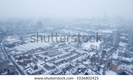 Aerial drone image of South London, England during a snowstorm, March 1, 2018.