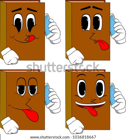 Books talking on cell phone. Cartoon book collection with happy faces. Expressions vector set.