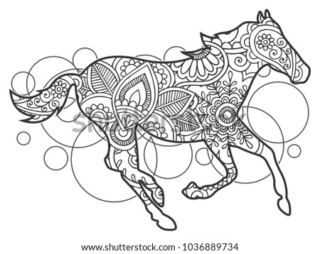 Adult coloring book,page of a horsewith ornamental background for relaxing. Stress released method. Zen art style illustration.