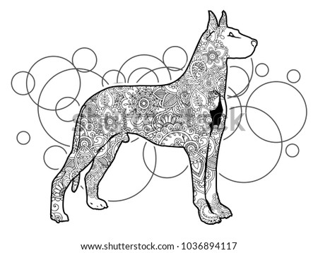 Adult coloring book,page of a dog with ornamental background for relaxing. Stress released method. Zen art style illustration.
