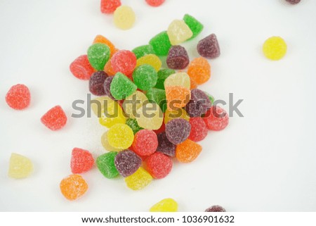 Close up Sweet Colorful Candy Jelly sugar candies isolated on white background