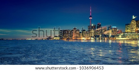 Toronto's Winter Skyline, the view from Cherry Street, Toronto, Ontario, Canada. 