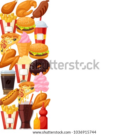 Fast food poster. Hamburgers, drinks, easily prepared food served in snack bars and restaurants, quick meal to be taken away. Vector flat style cartoon illustration isolated on white background
