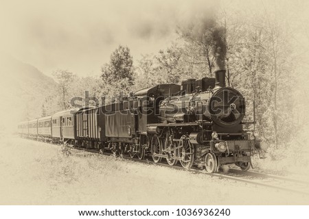 Old steam locomotive in vintage style Royalty-Free Stock Photo #1036936240