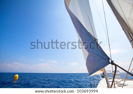 Sailing yacht race at the finish, picture with space for text or logos.