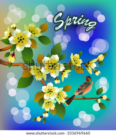 Vector illustration
spring. All wakes up, flowers sakura blossom.Postcard