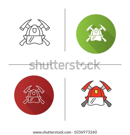 Firefighters maltese cross icon. Flat design, linear and color styles. Protection helmet and crossed axes. Fire department emblem. Isolated raster illustrations