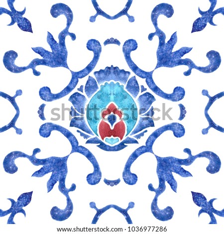 Blue watercolor tile with flower in arabesque style. Seamless pattern
