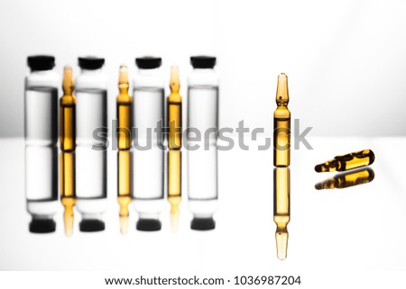 Group object of liquid medicinal agent in limpid glassware in medical laboratory