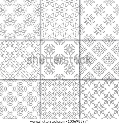 Gray and white floral ornaments. Collection of neutral seamless patterns for paper, textile
