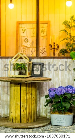 Relaxing area with table set and flower pot near window in cozy home.