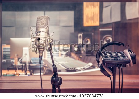 Recording Studio with microphone and headphones.