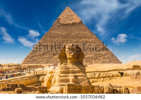 Egyptian sphinx. Cairo. Giza. Egypt. Travel background. Architectural monument. The tombs of the pharaohs. Vacation holidays background wallpaper Royalty-Free Stock Photo #1037036482