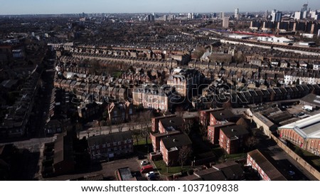 Drone image (aerial) of some residential buildings in South London, England on a sunny day.