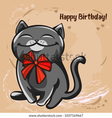 Gray cat with a red bow around his neck and lettering happy birthday , vector illustration