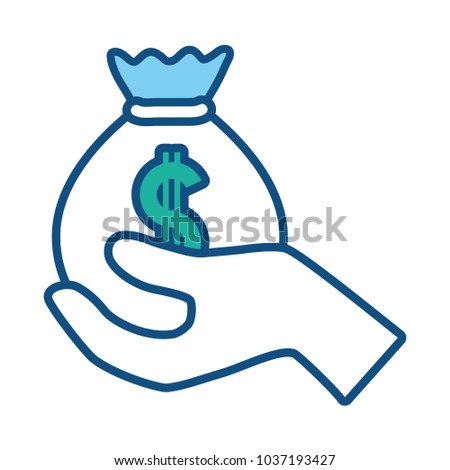 Hand holding money bag with teal money sign over white backgrpound vector illustration