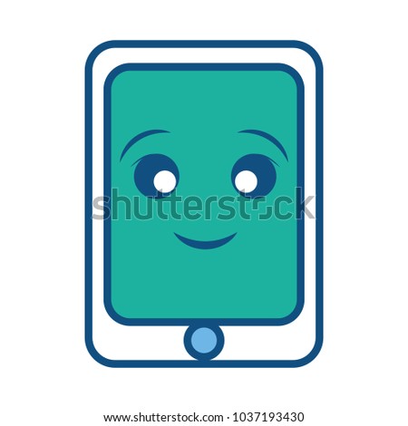 Kawaii teal smartphone with face over white background vector illustration