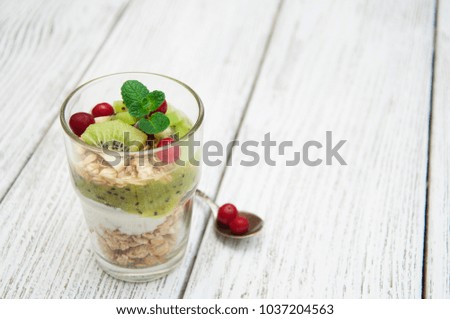 Healthy breakfast with kiwi, yogurt, muesli and cranberry. Layered cream dessert