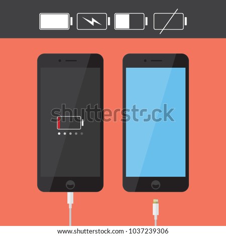 Realistic smartphone icons collection with battery indicator and usb cable, black flat design device interface element for app ui ux web button, eps 10 vector isolated on white background