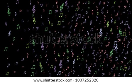 Notes, Bass and Treble Clefs on Black Background. Colorful Music Symbols on Dark. Vector