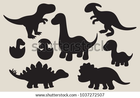 Vector illustration of dinosaur silhouette including Stegosaurus, Brontosaurus, Velociraptor, Triceratops, Tyrannosaurus rex, and Spinosaurus.