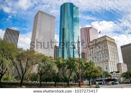 Downtown Houston (City Hall and Financial District) on a beautiful summer day - Houston, Texas, USA