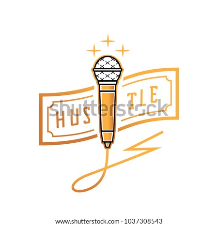 golden microphone with hustle banknote and thunderbolt wire design vector illustration