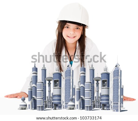 Girl playing to be an architect with the model of a city - isolated over white