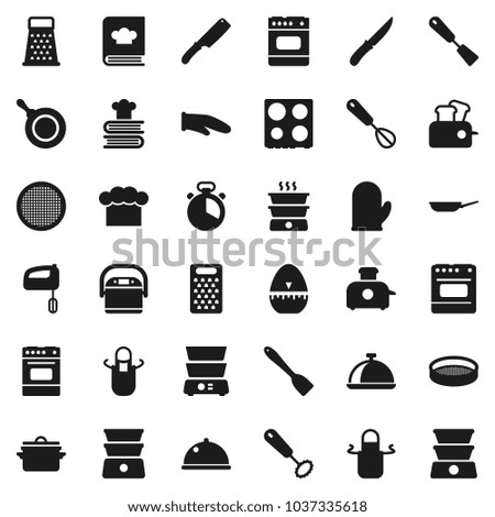 Flat vector icon set - pan vector, cook hat, apron, glove, timer, whisk, spatula, knife, grater, oven, double boiler, cookbook, sieve, dish, mixer, multi cooker, toaster