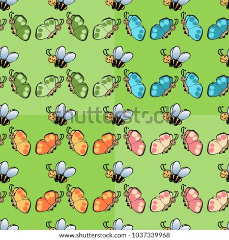 Vector seamless children's background, natural background insects butterflies and bees, cartoon, for kids, different colors.