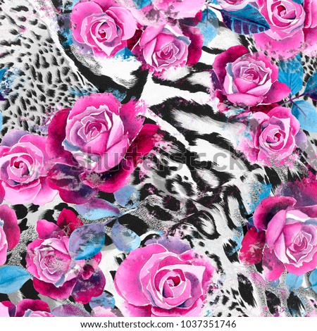 Seamless pattern roses watercolor and leopard animal print. Textile pattern decoration.
