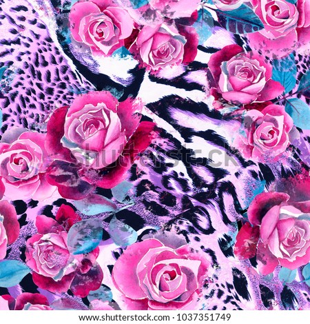 Seamless pattern roses watercolor and leopard animal print. Textile pattern decoration. Coloured leopard print with flowers