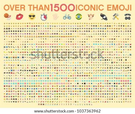 Set of over than 1500 emoji, vector illustration icons. Human, sport, transportation, flags of the world, wear, food, time, horoscope, tools, emoticons. Set of 1500 Minimalistic Solid Line Colored Royalty-Free Stock Photo #1037363962