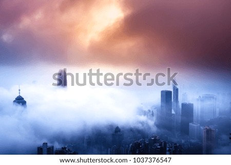 Foggy and Cloudy view of Victoria harbor at Hong Kong