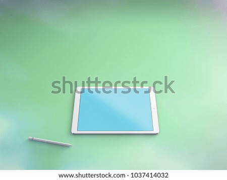 Mockup of white digital tablet with a pencil over green background. Clipping path included. 3D render