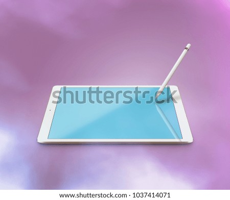 Mockup of white digital tablet with a pencil over pink background. Clipping path included. 3D render