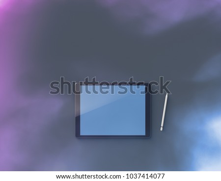 Mockup of white digital tablet with stylus on dark gray surface. Top view. Clipping path included. 3D render